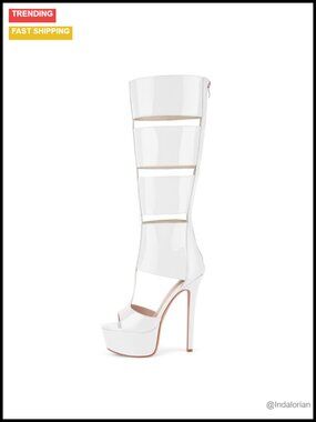 Women's Gladiator Knee High Stiletto Heels Platform Peep Toe Faux Leather